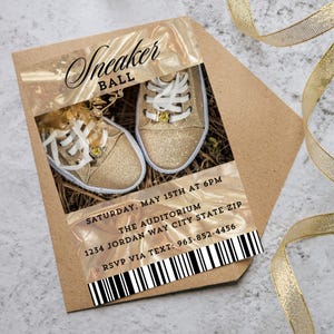 Sneaker Ball Einladen | Gold-Geburtstagseinladung Digitaler Download | Schultanz Flyer | Abschlussball-Einladung schwarz und Gold | Ticket Vorlage