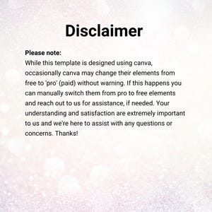 K&ouml;nnte beinhalten: Das Bild zeigt das Wort "Disclaimer" in fetter schwarzer Schrift. Darunter erkl&auml;rt ein Text, dass die Vorlage mit Canva entworfen wurde und Elemente von kostenlos zu kostenpflichtig wechseln k&ouml;nnen. Es bietet Hilfe an und bedankt sich.