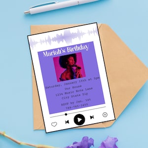 May include: A purple and pink birthday party invitation with a photo of a woman singing into a microphone. The invitation says "Mariah's Birthday" and includes the date, time, location, and RSVP information.