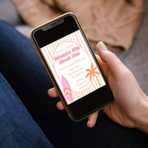 Pink and peach striped background on digital birthday invitation