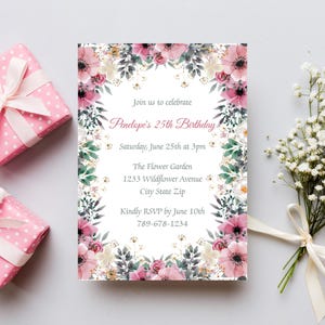 Wildblumen Einladungskarte zum 25. Geburtstag | Gartenparty Einladen Vorlage | Rustikaler schicker Geburtstag digitaler Download | Bearbeitbar Blumendruck