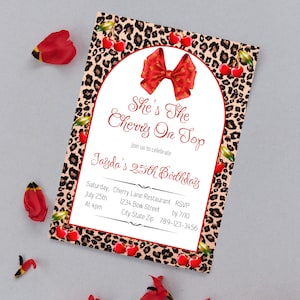 Invitación de cumpleaños con cereza de guepardo / Invitación con la cereza en la parte superior / Invitación digital para el 25.° cumpleaños / Plantilla de invitación con cereza de leopardo / Lazo