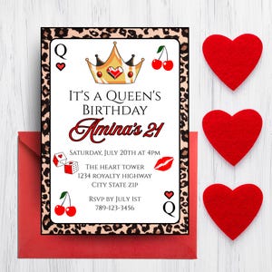 Hartenkoningin speelkaart uitnodiging | Verjaardagsuitnodiging met jachtluipaardprint | Verjaardagsfeestje Casino 21 | Het is een verjaardagsfeestje voor Koninginnedag | Kersen