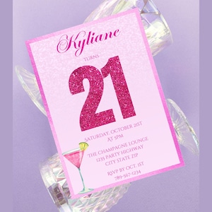 Invitación digital para 21 cumpleaños / Invitación de cóctel con alcohol / Número 21 rosa brillante / Plantilla de invitación editable en Canva