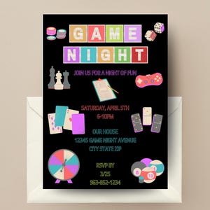 Invitación para una noche de juegos / Invitación editable para una noche de juegos familiares / Fiesta de cumpleaños con juegos de mesa / Tablero de ajedrez / Dominó / Scrabble Descarga digital