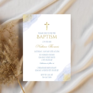 Taufeinladung für Jungen | Bearbeitbare Taufe Junge einladen Vorlage | Religiöses Printable | Christliche Kirche Einladungskarte