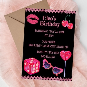 Invitación digital de cumpleaños de cereza / Invitación imprimible para chica de la suerte / Invitación de cumpleaños rosa y negra / Plantilla de invitación de lápiz labial / Descarga de dados / Encaje