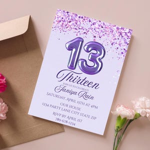 13. Geburtstagseinladung Digital | Lila Glitzer einladen | Teenager Geburtstagseinladung Vorlage | Dreizehn Einladen Karte | Druckbar Bearbeitbar