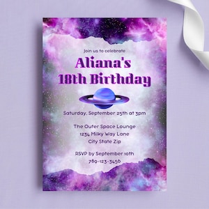 Invitación de cumpleaños de galaxia / Invitación del espacio exterior con descarga instantánea / Invitación de cumpleaños número 18 / Fiesta celestial Evite / Invitación bajo las estrellas