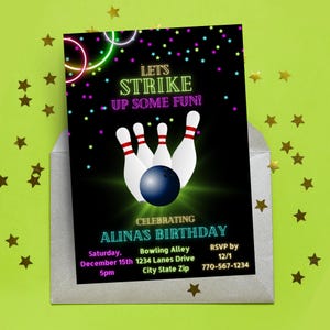 Invito per festa di bowling / Invito per divertirci / Invito stampabile per compleanno al neon / Invito mobile Glow Bowling / Modello Canva modificabile