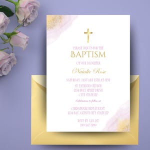 Pinke Taufeinladung Digital | Bearbeitbare Taufeinladung | Baby Mädchen Taufe einladen | Religiöses Printable | Kirche Einladungskarte