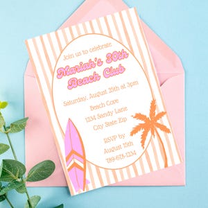 Geburtstagseinladung Beach Club | Küsten Sommerparty einladen | Social Club Geburtstag 30 | Tropische Pool-Party Einladung Vorlage | Surfen