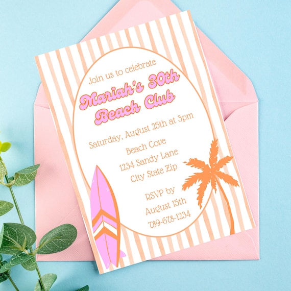 Beach Club Birthday Invitation | Coastal Summer Party Invite | Social Club 30th Birthday | Tropical Pool Party Invitation Template | Surfing