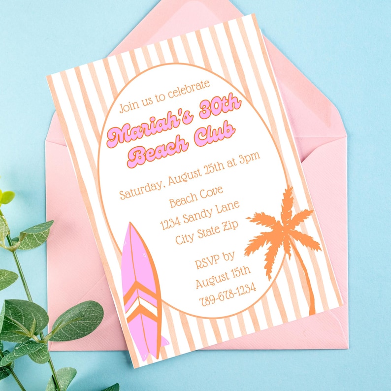 Editable beach club 30th birthday invitation template with pastel design
