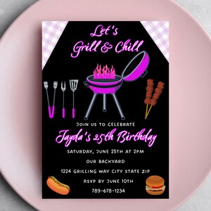 Zaproszenie na urodziny Grill and Chill | Zaproszenie na grilla na podwórku | Zaproszenie na letnią imprezę z grillem | 25. urodziny dla niej | Zaproszenie na grilla Canva Evite Pink