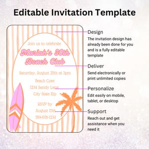 Canva template showing palm tree and surfboard coastal elements