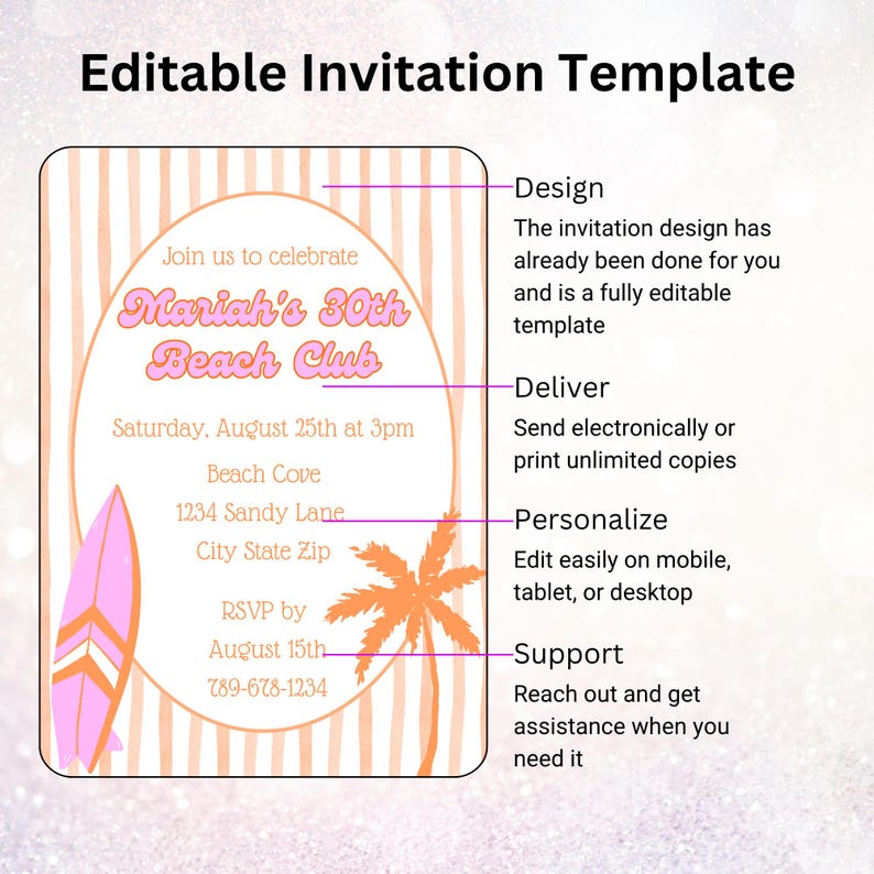 Canva template showing palm tree and surfboard coastal elements