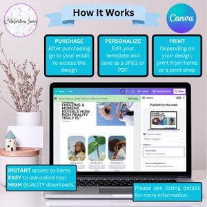 May include: A laptop computer screen displaying a Canva design template with the text "FREEZING A MOMENT. REVEALS HOW RICH REALITY TRULY IS." The screen also shows a preview of a website with the text "ISABELLA HARRISON". The laptop is on a table with a white vase and a small house figurine.