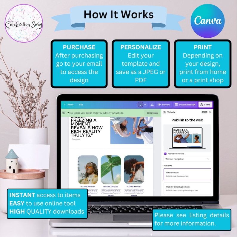 May include: A laptop computer screen displaying a Canva design template with the text "FREEZING A MOMENT. REVEALS HOW RICH REALITY TRULY IS." The screen also shows a preview of a website with the text "ISABELLA HARRISON". The laptop is on a table with a white vase and a small house figurine.