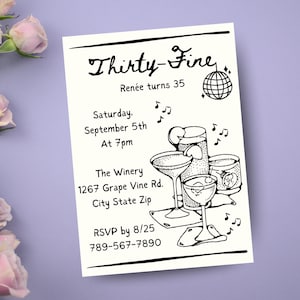 Hand Drawn Birthday Party Invite | 35th Birthday Invitation Digital | Thirty-Fine Invitation | Cocktail Doodles Printable | Disco Template