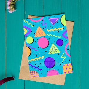 May include: A bright blue card with a geometric pattern in neon colors. The pattern includes circles, triangles, and wavy lines. The card has the text "Back to School Celebrations" on it.