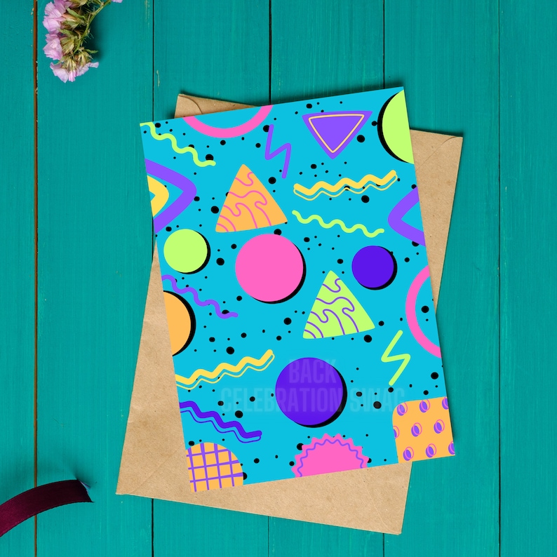May include: A bright blue card with a geometric pattern in neon colors. The pattern includes circles, triangles, and wavy lines. The card has the text "Back to School Celebrations" on it.