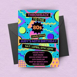 This is an 80s Throwback Party Invitation Template that is editable in Canva. It features a retro design with purple, pink and teal.