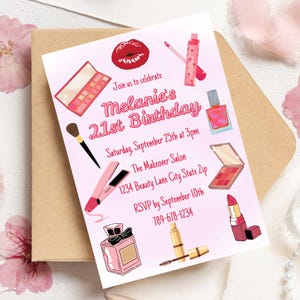 Invitación de cumpleaños de maquillaje / Invitación a fiesta de salón / Descarga digital de cumpleaños número 21 / Invitación con brillo y glamour / Plantilla de invitación de lápiz labial rosa