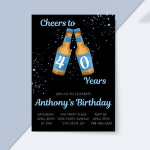 Prost auf 40 Jahre Einladung für Männer | 40.Geburtstags-Einladung für Ihn | "Geburtstagseinladung ""Bier"" | Blau und Schwarz Party Evite | Vater