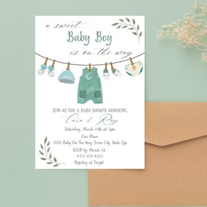 Een lieve boho-babyshoweruitnodiging voor babyjongens | Babyshoweruitnodiging voor waslijn | Bewerkbare babyshoweruitnodiging canvas | Rustieke kaart voor hem