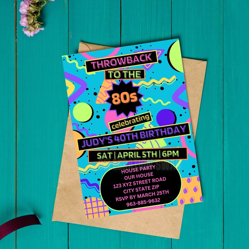 This is an 80s Throwback Party Invitation Template that is editable in Canva. It features a retro design with purple, pink and teal.