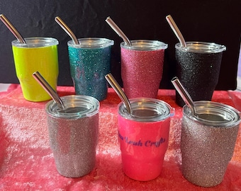 Mini Glitter or plain Tumblers: 3 oz Stainless Steel Party Favor with Lid & Straw