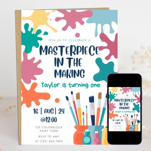 Invitación de cumpleaños para pequeños artistas, temática de fiesta artística (plantilla editable DIY)