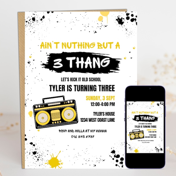 Ain't nuthing but a 3 thang Birthday Invitation, Old School Hip Hop Birthday Party DIY Editable Instant Download Template