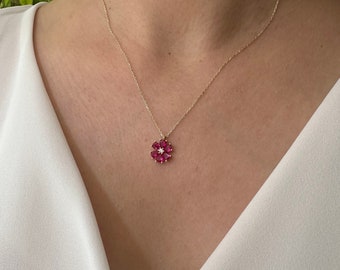 14K Gold Ruby Necklace, Minimalist Flower Necklace, Solid Gold Ruby Gemstone Charm, Birthstone Necklace, July Birthstone, Christmas Gift