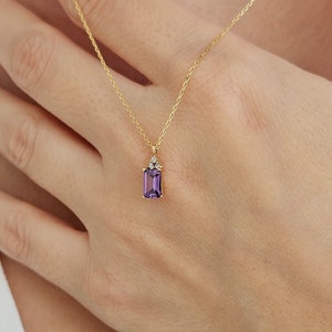 14K Gold Baguette Cut Amethyst Necklace, February Birthstone, Purple Gemstone Necklace, Amethyst Pendant, Minimalist Birthstone Necklace