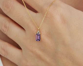 14K Gold Baguette Cut Amethyst Necklace, February Birthstone, Purple Gemstone Necklace, Amethyst Pendant, Minimalist Birthstone Necklace