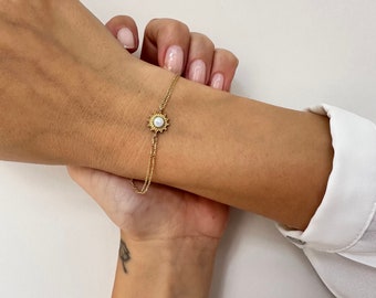 14K Solid Gold Opal Sun Bracelet, October Birthstone, Opal Jewelry, Christmas Gift, Opal, Bracelet, Minimalist Sun Bracelet, Charm Bracelet