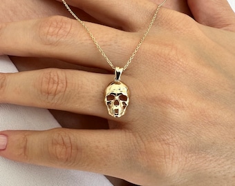 14K Gold Halloween Necklace, Skull Necklace, Halloween Gift, Halloween Jewelry, 14K Solid Gold Necklace, Skeleton Necklace, Handmade Jewelry