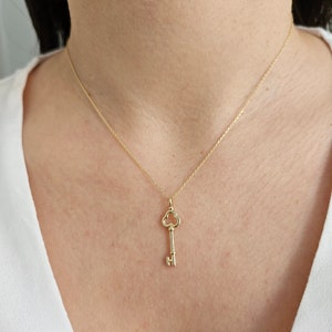 14K Gold Key Necklace, Dainty Key Charm Necklace, Gift For Her, Love Necklace, Handmade Jewelry, Anniversary Gift, Solid Gold Key Charm