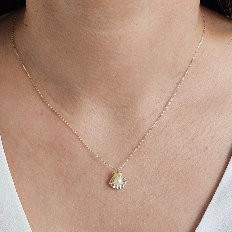 Pearl Necklace, 14K Gold Pearl Shell Necklace, Wedding Necklace, Bridal Necklace, June Birthstone Necklace, Handmade Jewelry, Gift For Mom image 8