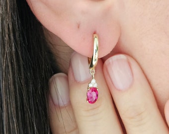 14K Solid Gold Oval Cut Ruby Dangle Hoop Earrings, Dainty July Birthstone Christmas Gifts For Her