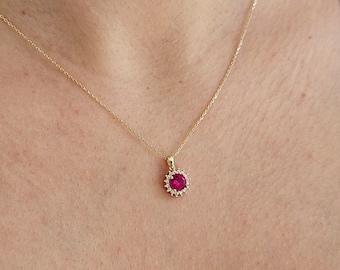 Ciondolo con rubino in oro 14 carati, gioielli con pietra portafortuna di luglio per donna, ciondolo con pietra preziosa rubino, regalo per la mamma, regali di Natale per lei, collana con rubino in oro massiccio