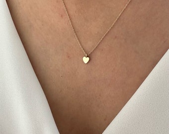 14K Gold Heart Necklace, Minimalist Necklace, Solid Gold Dainty Necklace, Tiny Heart Pendant, Anniversary Gift, Christmas Gift, Gift For Her