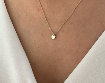 14K Gold Heart Necklace, Minimalist Necklace, Solid Gold Dainty Necklace, Tiny Heart Pendant, Anniversary Gift, Christmas Gift, Gift For Her