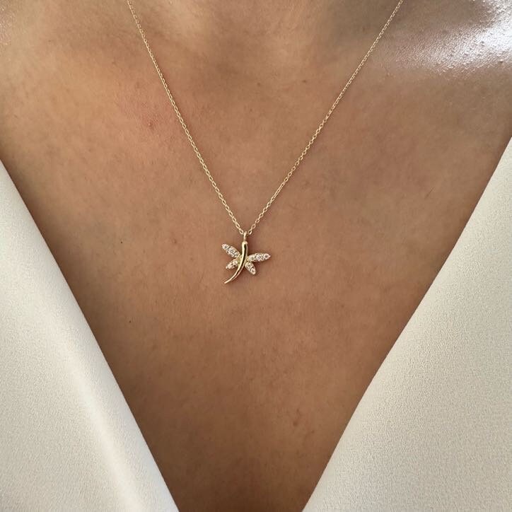 14K Gold Dragonfly Necklace, Solid Gold Dragonfly Pendant