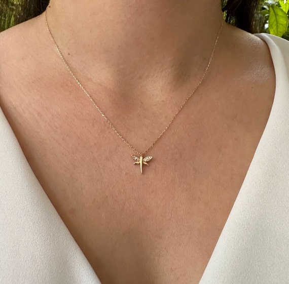 14K Gold Dragonfly Necklace Dragonfly Jewelry Handmade Jewelry