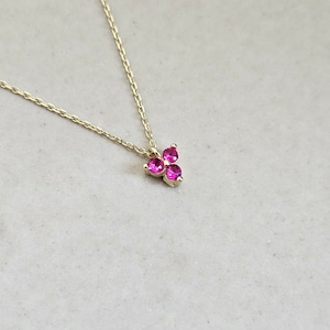 14K Solid Gold Ruby Necklace, Gemstone Necklace, Minimalist July Birthstone Charm, Trio Ruby Pendant Necklace For Her, Birthday Gift