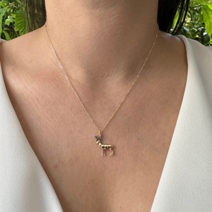 14K Gold Deer With Antlers Necklace, Christmas Gift, Handmade Jewelry, Solid Gold 3D Reindeer Charm Necklace, Best Friend Gifts