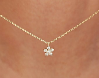 Gold Flower Necklace, 14K Gold CZ Flower Charm, Minimalist Flower Pendant, Dainty Flower Necklace, Christmas Gift, Tiny Flower Pendant